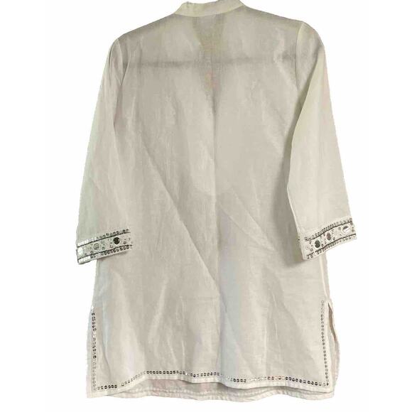 CHICO'S SZ 0 WHITE & Silver EMBELLISHED TUNIC TOP SEQUIN BEADED Linen Blend - Picture 6 of 6